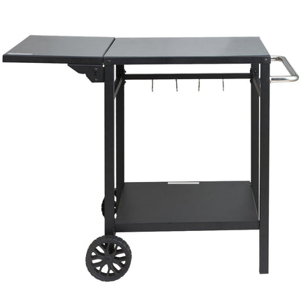 Outdoor Grill Dining Cart with Double-Shelf, 55*55cm BBQ Movable Food Prep Table, Multifunctional Foldable Iron Table Top, Portable Modular Carts for Pizza Oven, Worktable with 2 Wheels, Carry Handle.