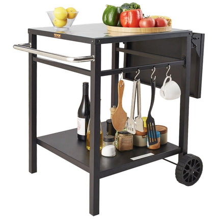 Outdoor Grill Dining Cart with Double-Shelf, 55*55cm BBQ Movable Food Prep Table, Multifunctional Foldable Iron Table Top, Portable Modular Carts for Pizza Oven, Worktable with 2 Wheels, Carry Handle.