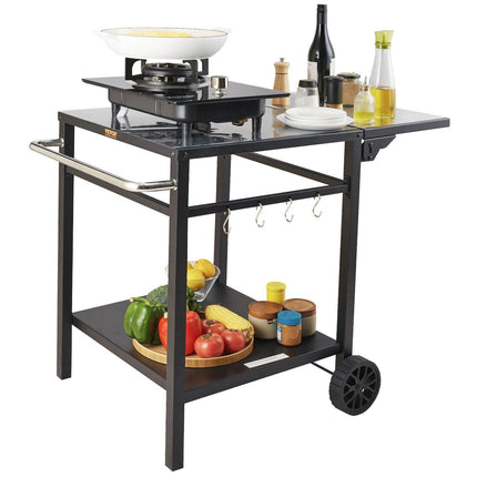 Outdoor Grill Dining Cart with Double-Shelf, 55*55cm BBQ Movable Food Prep Table, Multifunctional Foldable Iron Table Top, Portable Modular Carts for Pizza Oven, Worktable with 2 Wheels, Carry Handle.