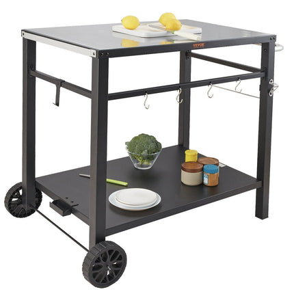 Outdoor Grill Dining Cart with Double-Shelf, 85*55cm BBQ Movable Food Prep Table, Multifunctional Iron Table Top, Portable Modular Carts for Pizza Oven, Worktable with 2 Wheels, Carry Handle, Black.