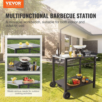 Outdoor Grill Dining Cart with Double-Shelf, 85*55cm BBQ Movable Food Prep Table, Multifunctional Iron Table Top, Portable Modular Carts for Pizza Oven, Worktable with 2 Wheels, Carry Handle, Black.