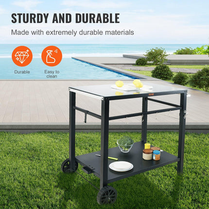 Outdoor Grill Dining Cart with Double-Shelf, 85*55cm BBQ Movable Food Prep Table, Multifunctional Iron Table Top, Portable Modular Carts for Pizza Oven, Worktable with 2 Wheels, Carry Handle, Black.