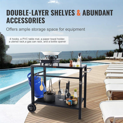 Outdoor Grill Dining Cart with Double-Shelf, 85*55cm BBQ Movable Food Prep Table, Multifunctional Iron Table Top, Portable Modular Carts for Pizza Oven, Worktable with 2 Wheels, Carry Handle, Black.