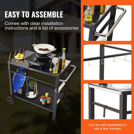 Outdoor Grill Dining Cart with Double-Shelf, 85*55cm BBQ Movable Food Prep Table, Multifunctional Iron Table Top, Portable Modular Carts for Pizza Oven, Worktable with 2 Wheels, Carry Handle, Black.