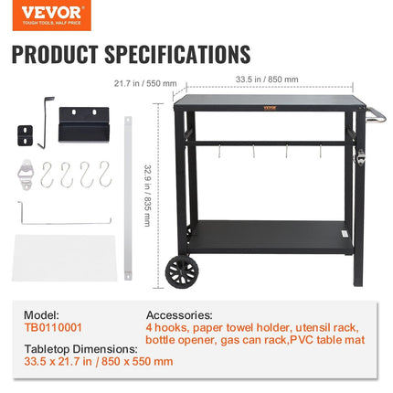 Outdoor Grill Dining Cart with Double-Shelf, 85*55cm BBQ Movable Food Prep Table, Multifunctional Iron Table Top, Portable Modular Carts for Pizza Oven, Worktable with 2 Wheels, Carry Handle, Black.