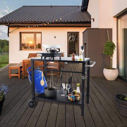 Outdoor Grill Dining Cart with Double-Shelf, 85*55cm BBQ Movable Food Prep Table, Multifunctional Iron Table Top, Portable Modular Carts for Pizza Oven, Worktable with 2 Wheels, Carry Handle, Black.