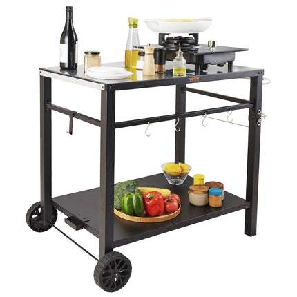 Outdoor Grill Dining Cart with Double-Shelf, 85*55cm BBQ Movable Food Prep Table, Multifunctional Iron Table Top, Portable Modular Carts for Pizza Oven, Worktable with 2 Wheels, Carry Handle, Black.