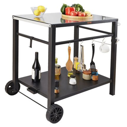 Outdoor Grill Dining Cart with Double-Shelf, 85*55cm BBQ Movable Food Prep Table, Multifunctional Iron Table Top, Portable Modular Carts for Pizza Oven, Worktable with 2 Wheels, Carry Handle, Black.