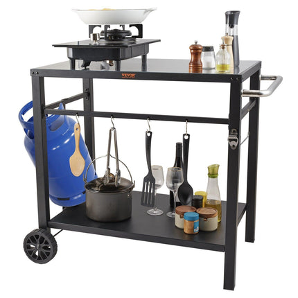 Outdoor Grill Dining Cart with Double-Shelf, 85*55cm BBQ Movable Food Prep Table, Multifunctional Iron Table Top, Portable Modular Carts for Pizza Oven, Worktable with 2 Wheels, Carry Handle, Black.