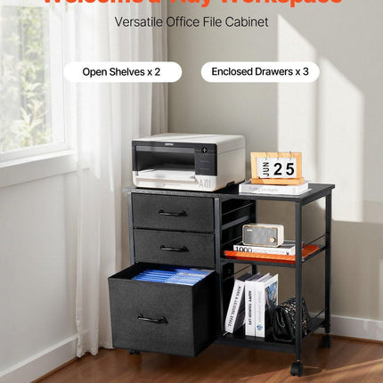 Mobile Metal File Cabinet with 3 Fabric Drawers and 2 Open Shelves Black.