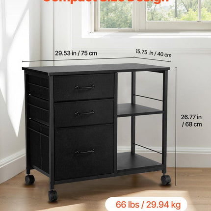 Mobile Metal File Cabinet with 3 Fabric Drawers and 2 Open Shelves Black.