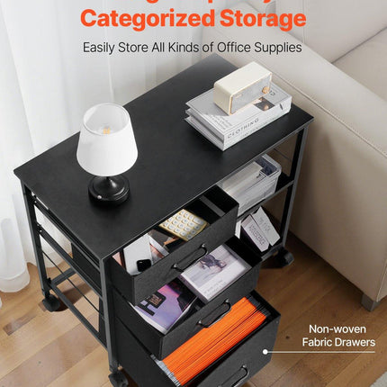 Mobile Metal File Cabinet with 3 Fabric Drawers and 2 Open Shelves Black.