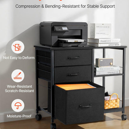 Mobile Metal File Cabinet with 3 Fabric Drawers and 2 Open Shelves Black.