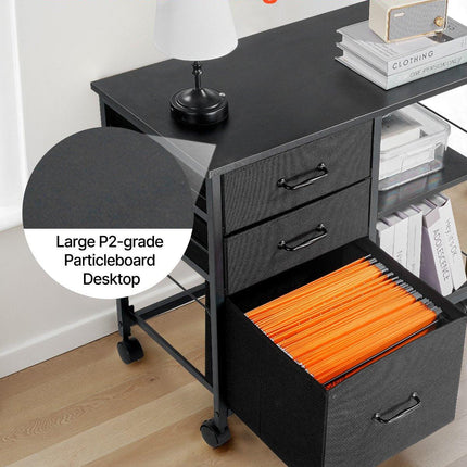 Mobile Metal File Cabinet with 3 Fabric Drawers and 2 Open Shelves Black.