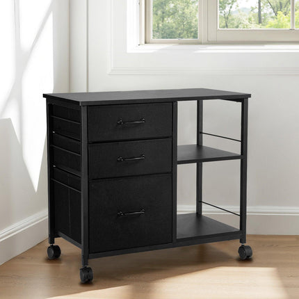 Mobile Metal File Cabinet with 3 Fabric Drawers and 2 Open Shelves Black.