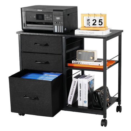 Mobile Metal File Cabinet with 3 Fabric Drawers and 2 Open Shelves Black.