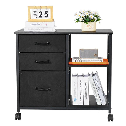 Mobile Metal File Cabinet with 3 Fabric Drawers and 2 Open Shelves Black.