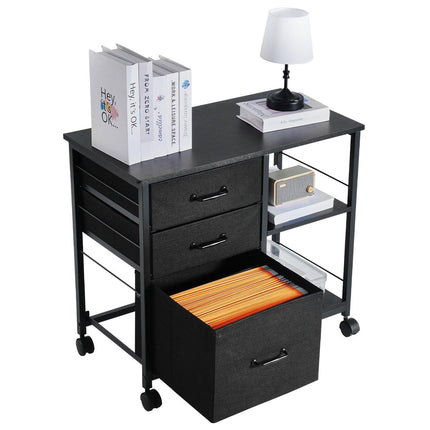 Mobile Metal File Cabinet with 3 Fabric Drawers and 2 Open Shelves Black.