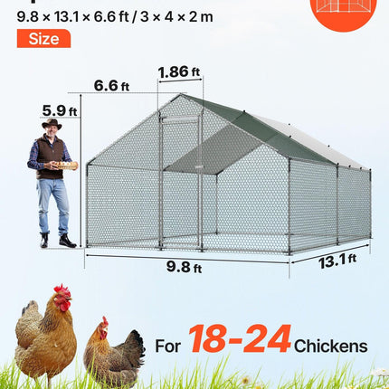 Metal Chicken Coop, 9.8x13.1x6.5 ft Large Walk-in Chicken Runs with Cover, Spire Roof Hen House Enclosure with Security Lock, Outdoor Duck Rabbit Cage Poultry Pen for Backyard, Farm, Yard.