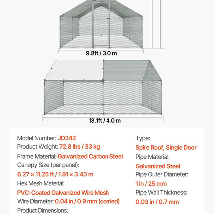 Metal Chicken Coop, 9.8x13.1x6.5 ft Large Walk-in Chicken Runs with Cover, Spire Roof Hen House Enclosure with Security Lock, Outdoor Duck Rabbit Cage Poultry Pen for Backyard, Farm, Yard.