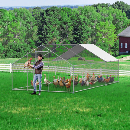 Metal Chicken Coop 9.8x19.6x6.5 ft Walk-in Chicken Run with Cover Spire Roof.