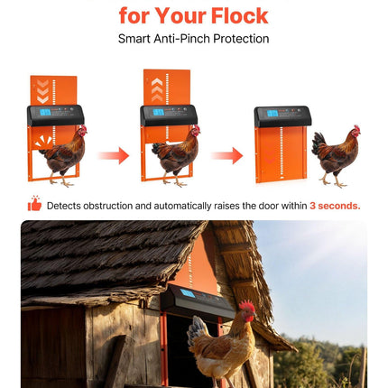 Automatic Chicken Coop Door, Battery Powered Chicken Coop Door with Timer & Manual Setting, Anti-Pinch Security, Durable Aluminum Alloy, Chick Run Gate Opener with Waterproof Sealing, Orange.