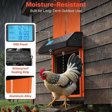 Automatic Chicken Coop Door, Battery Powered Chicken Coop Door with Timer & Manual Setting, Anti-Pinch Security, Durable Aluminum Alloy, Chick Run Gate Opener with Waterproof Sealing, Orange.