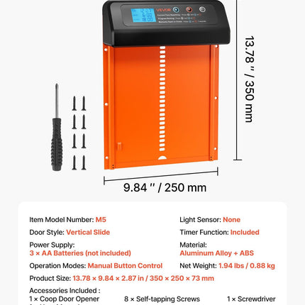 Automatic Chicken Coop Door, Battery Powered Chicken Coop Door with Timer & Manual Setting, Anti-Pinch Security, Durable Aluminum Alloy, Chick Run Gate Opener with Waterproof Sealing, Orange.