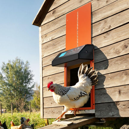 Automatic Chicken Coop Door, Battery Powered Chicken Coop Door with Timer & Manual Setting, Anti-Pinch Security, Durable Aluminum Alloy, Chick Run Gate Opener with Waterproof Sealing, Orange.