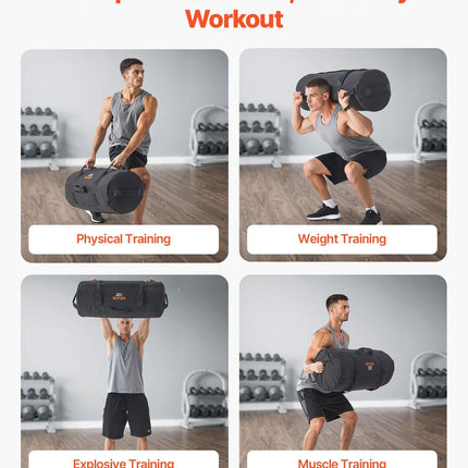 Workout Sandbag, Heavy Duty Workout Power Bags with Handles, 23-56 kg Adjustable Slam Bag for Fitness Strength Weight Training Cross-Training, Home Gym Exercise, Black (Unfilled).