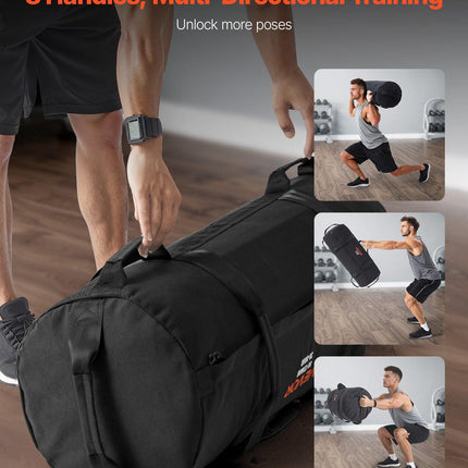 Workout Sandbag, Heavy Duty Workout Power Bags with Handles, 23-56 kg Adjustable Slam Bag for Fitness Strength Weight Training Cross-Training, Home Gym Exercise, Black (Unfilled).