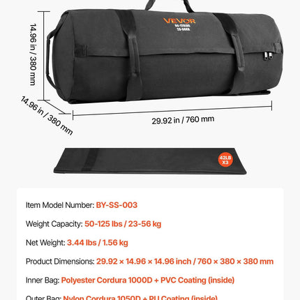 Workout Sandbag, Heavy Duty Workout Power Bags with Handles, 23-56 kg Adjustable Slam Bag for Fitness Strength Weight Training Cross-Training, Home Gym Exercise, Black (Unfilled).