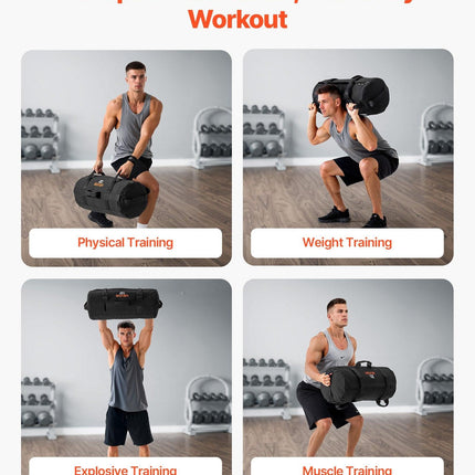 Workout Sandbag, Heavy Duty Workout Power Bags with Handles, 11-34 kg Adjustable Slam Bag for Fitness Strength Weight Training Cross-Training, Home Gym Exercise, Black (Unfilled).
