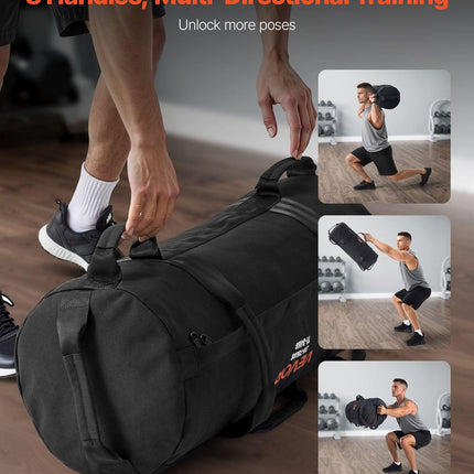 Workout Sandbag, Heavy Duty Workout Power Bags with Handles, 11-34 kg Adjustable Slam Bag for Fitness Strength Weight Training Cross-Training, Home Gym Exercise, Black (Unfilled).