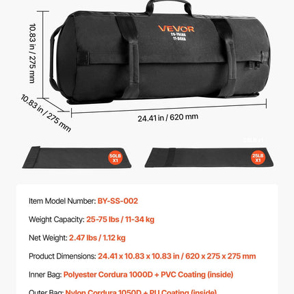 Workout Sandbag, Heavy Duty Workout Power Bags with Handles, 11-34 kg Adjustable Slam Bag for Fitness Strength Weight Training Cross-Training, Home Gym Exercise, Black (Unfilled).