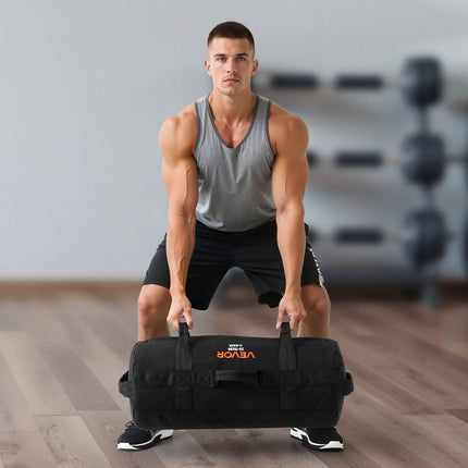 Workout Sandbag, Heavy Duty Workout Power Bags with Handles, 11-34 kg Adjustable Slam Bag for Fitness Strength Weight Training Cross-Training, Home Gym Exercise, Black (Unfilled).