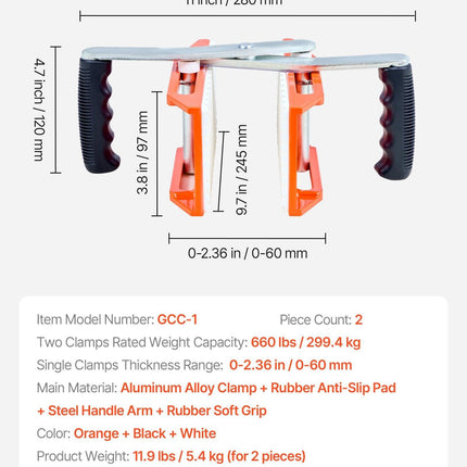 Double Handed Stone Carrying Clamps, 299 kg Load Capacity, 2 Pack Granite Panel Carriers Lifting Tools with Rubber-lined (0-60 mm), Heavy Duty lifting Clamps for Plywood, Glass, Granite.