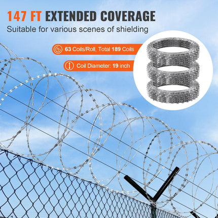 Razor Wire Razor Barbed Wire 147ft 3Rolls Razor Wire Fencing Double Spiral.
