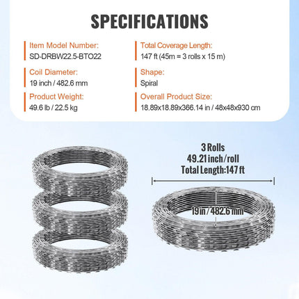 Razor Wire Razor Barbed Wire 147ft 3Rolls Razor Wire Fencing Double Spiral.