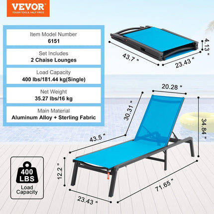 Chaise Lounge Chair Outdoor Patio Lounge Chair Adjustable 5-Position 2 pcs.