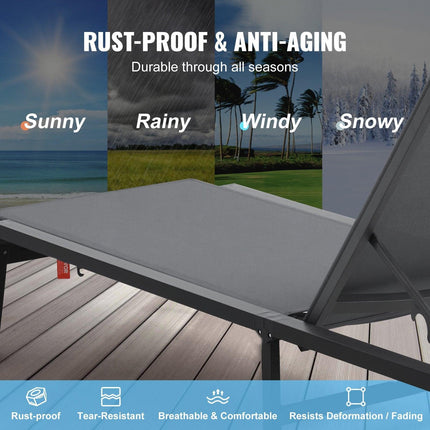 Chaise Lounge Chair Outdoor, Aluminum Patio Lounge Chair with Adjustable 5-Position, Folding Pool Lounge Chair Recliner and Full Flat Tanning Chair for Patio, Beach, Pool, Dark Grey.