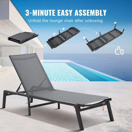 Chaise Lounge Chair Outdoor, Aluminum Patio Lounge Chair with Adjustable 5-Position, Folding Pool Lounge Chair Recliner and Full Flat Tanning Chair for Patio, Beach, Pool, Dark Grey.