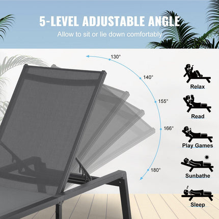 Chaise Lounge Chair Outdoor, Aluminum Patio Lounge Chair with Adjustable 5-Position, Folding Pool Lounge Chair Recliner and Full Flat Tanning Chair for Patio, Beach, Pool, Dark Grey.