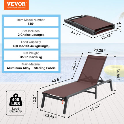 Chaise Lounge Chair Outdoor Patio Lounge Chair Adjustable 5-Position 2 pcs.