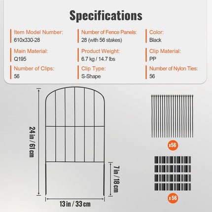 Garden Fence, No Dig Fence 61 x 33 cm Animal Barrier Fence, Underground Decorative Garden Fencing with 5.08 cm Spike Spacing, Metal Dog Fence for the Yard and Outdoor Patio, 28 Pack.
