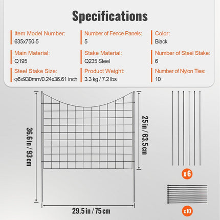 Garden Fence, 75×93 cm Animal Barrier Fence, Underground Decorative Garden Fencing with 6.38 cm Spike Spacing, Metal Dog Fence for the Yard and Outdoor Patio, 5 Pack.