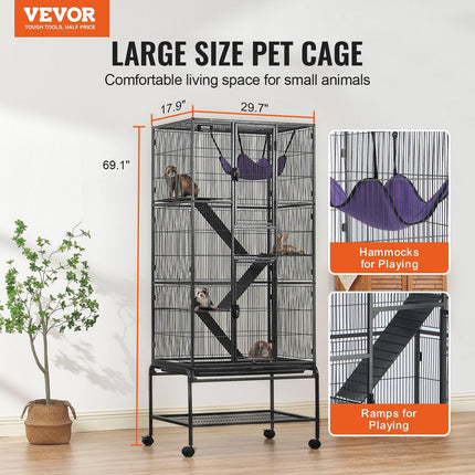 69" Metal Small Animal Cage 4-Tier Rolling Ferret Cage with Tray 3 Ramps.
