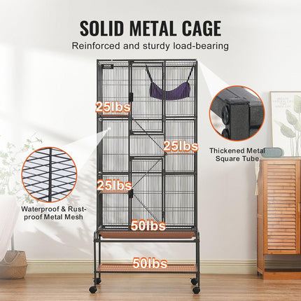 69" Metal Small Animal Cage 4-Tier Rolling Ferret Cage with Tray 3 Ramps.