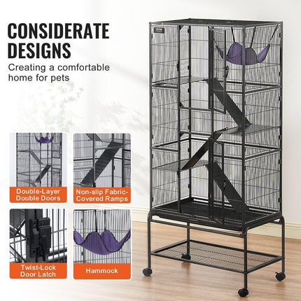 69" Metal Small Animal Cage 4-Tier Rolling Ferret Cage with Tray 3 Ramps.