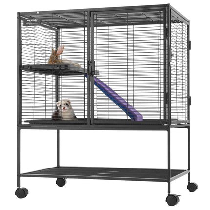 36" Metal Small Animal Cage 2-Tier Rolling Ferret Cage with Tray A Ramp.